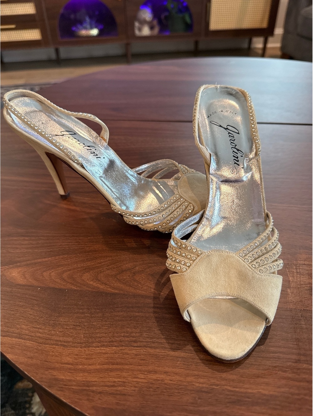 Garolini Women's Beige Suede Slingback Heels with Studded Straps Size 7.5 M